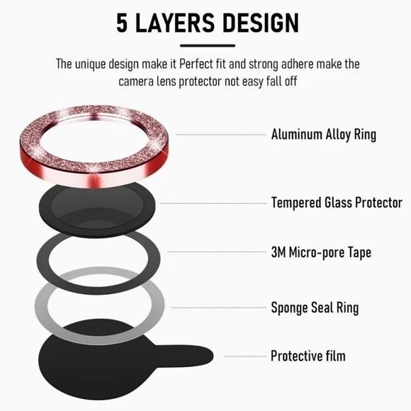 Camera lens tempered glass protector Glitter iPhone 14 iPhone 14 Plus Red - Picture 2 of 6